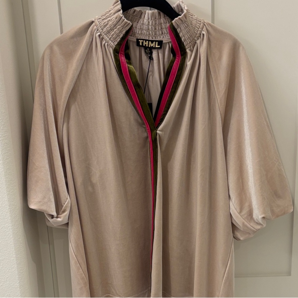 THML Beige Velour Short-Sleeve Top with Pink & Olive Trim